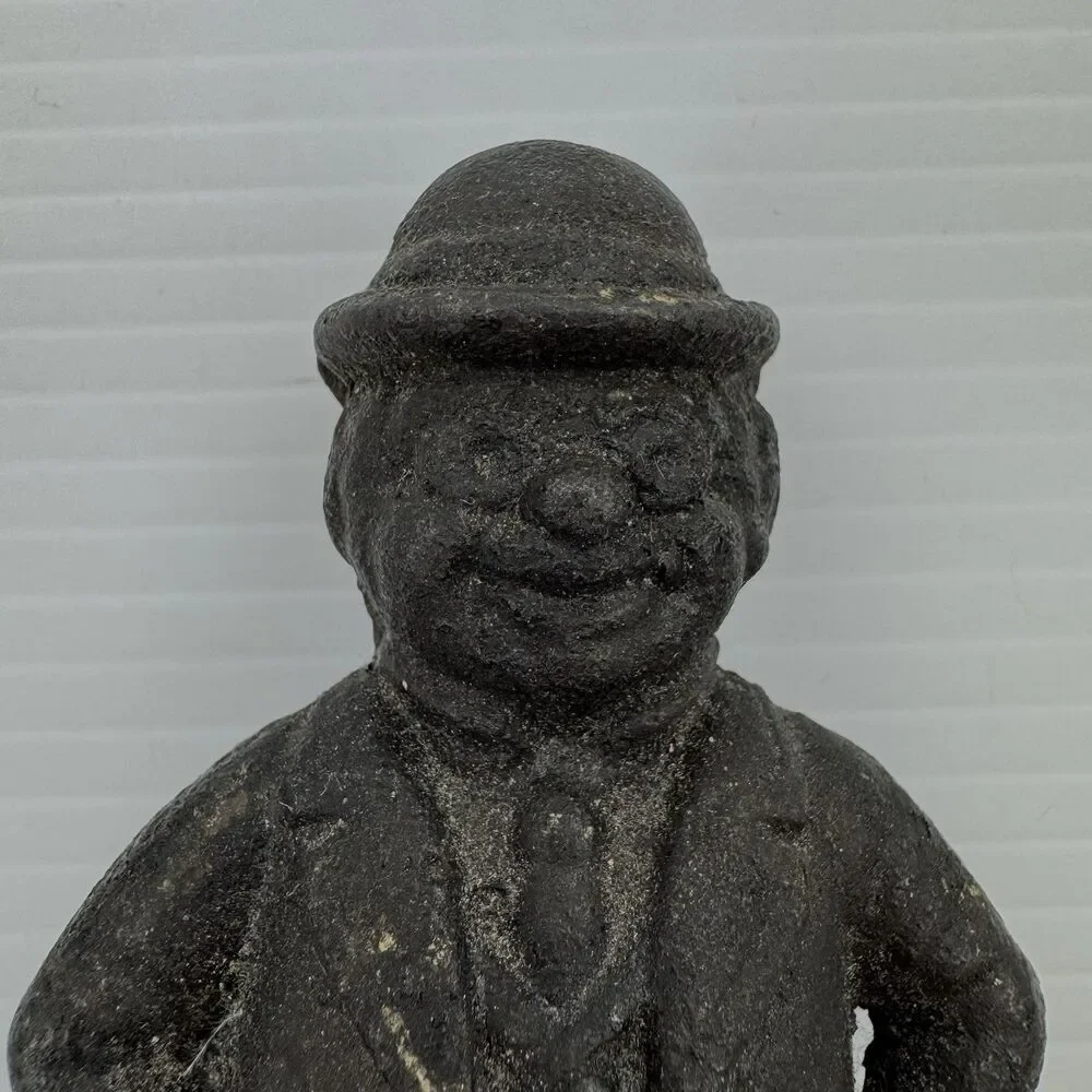 Antique Cast Iron Standing Man Still Coin Bank Suit Hat Vintage Figural
